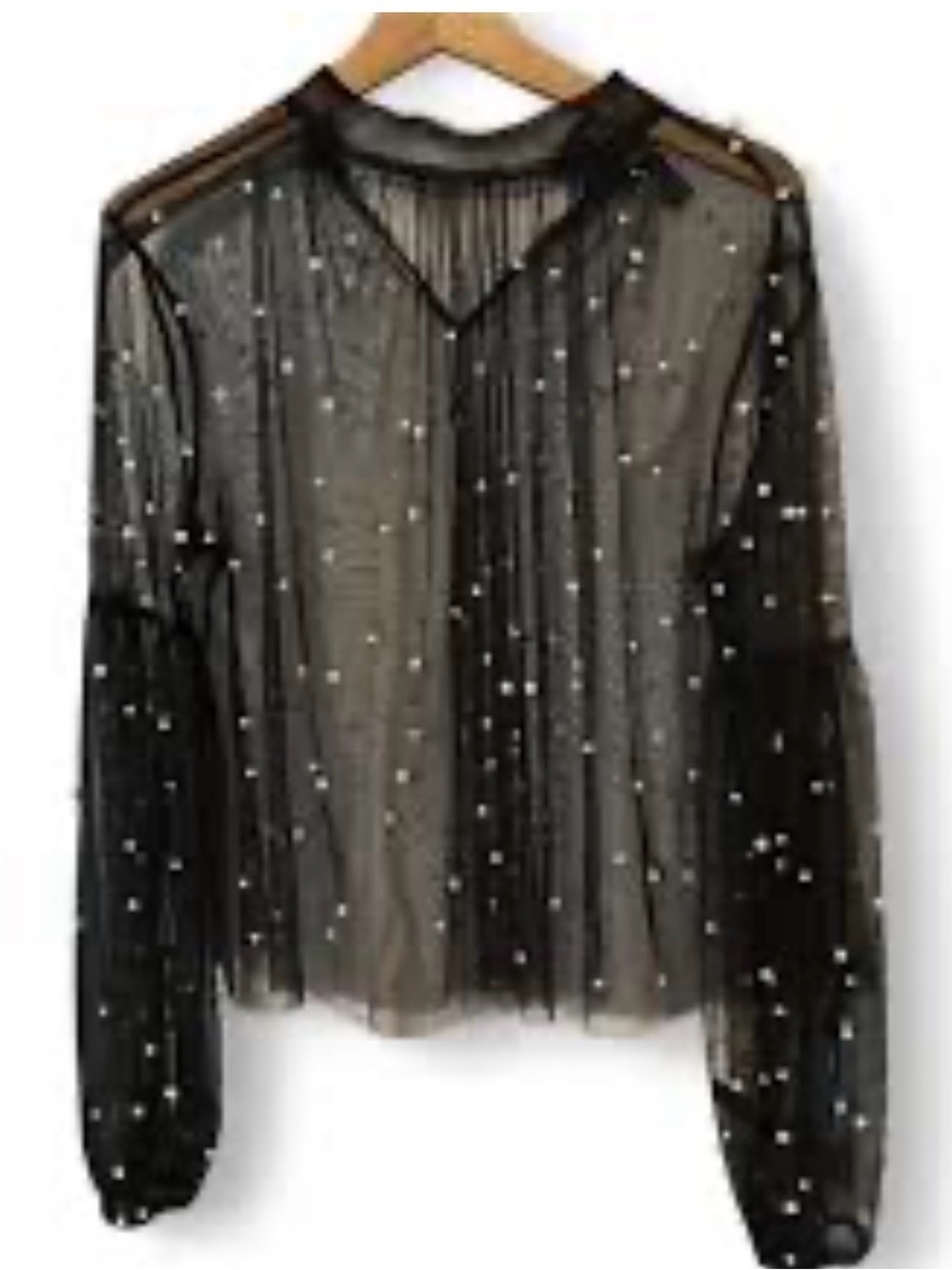 Forever 21 Black Sheer Pearl-Accent Long Sleeve Top